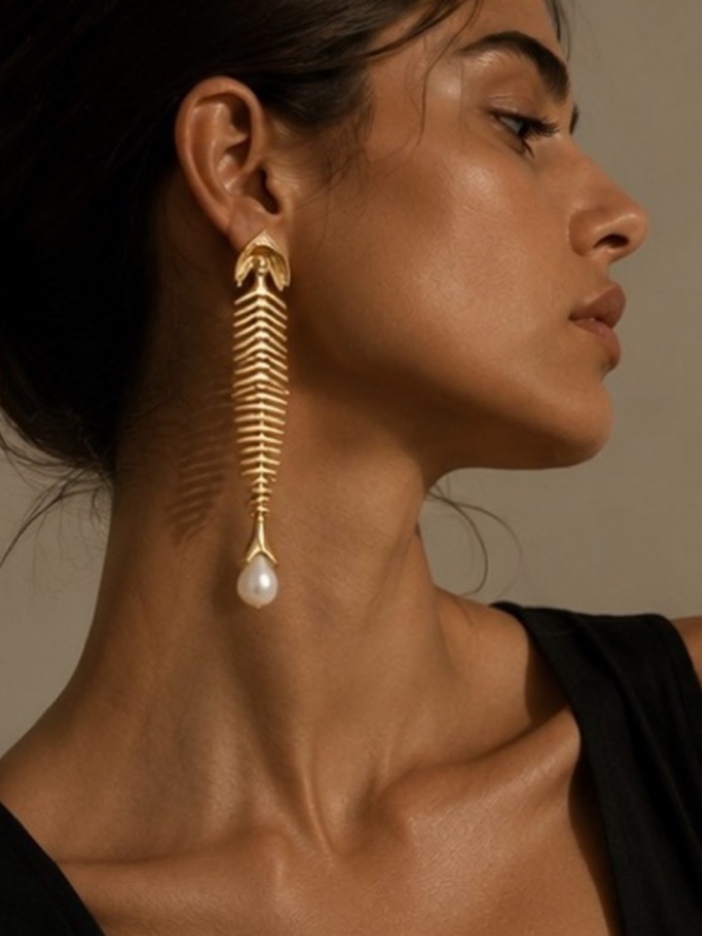 Gold Fishbone Drop Earring with Pearl Teardrop